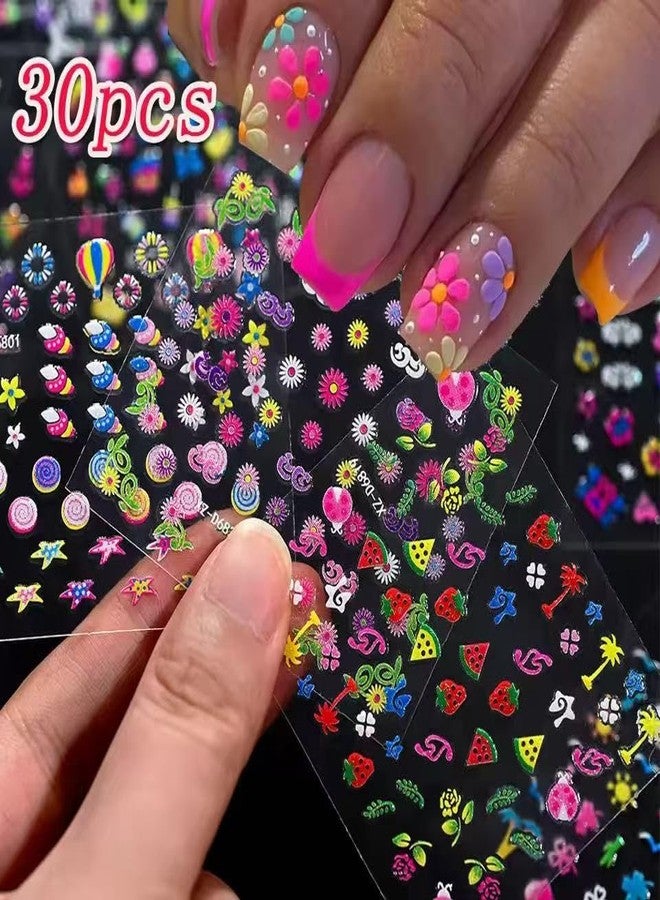 SPLOCUDU 30 Sheets Colorful Flower Nail Art Stickers Cute Kids Nail Stickers for Nail Art, 3D Self-Adhesive Colorful Ocean Glitter Floral Fruit Heart Decals for Women and Girl Manicure Decoration Accessories - Image 4